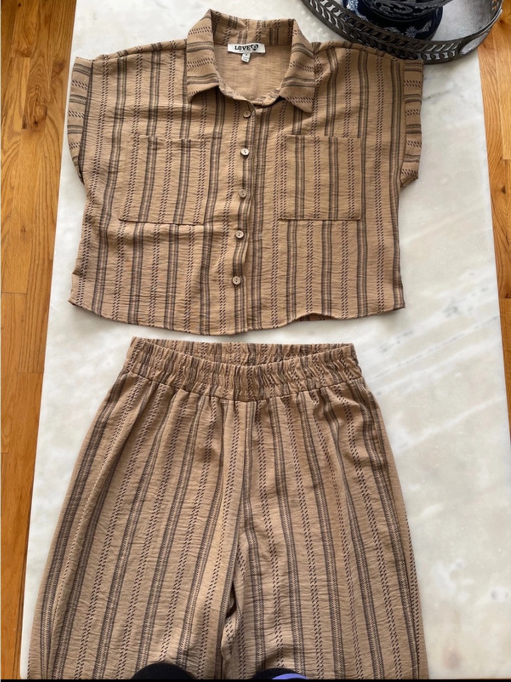 Love Tan Striped Two-Piece Set